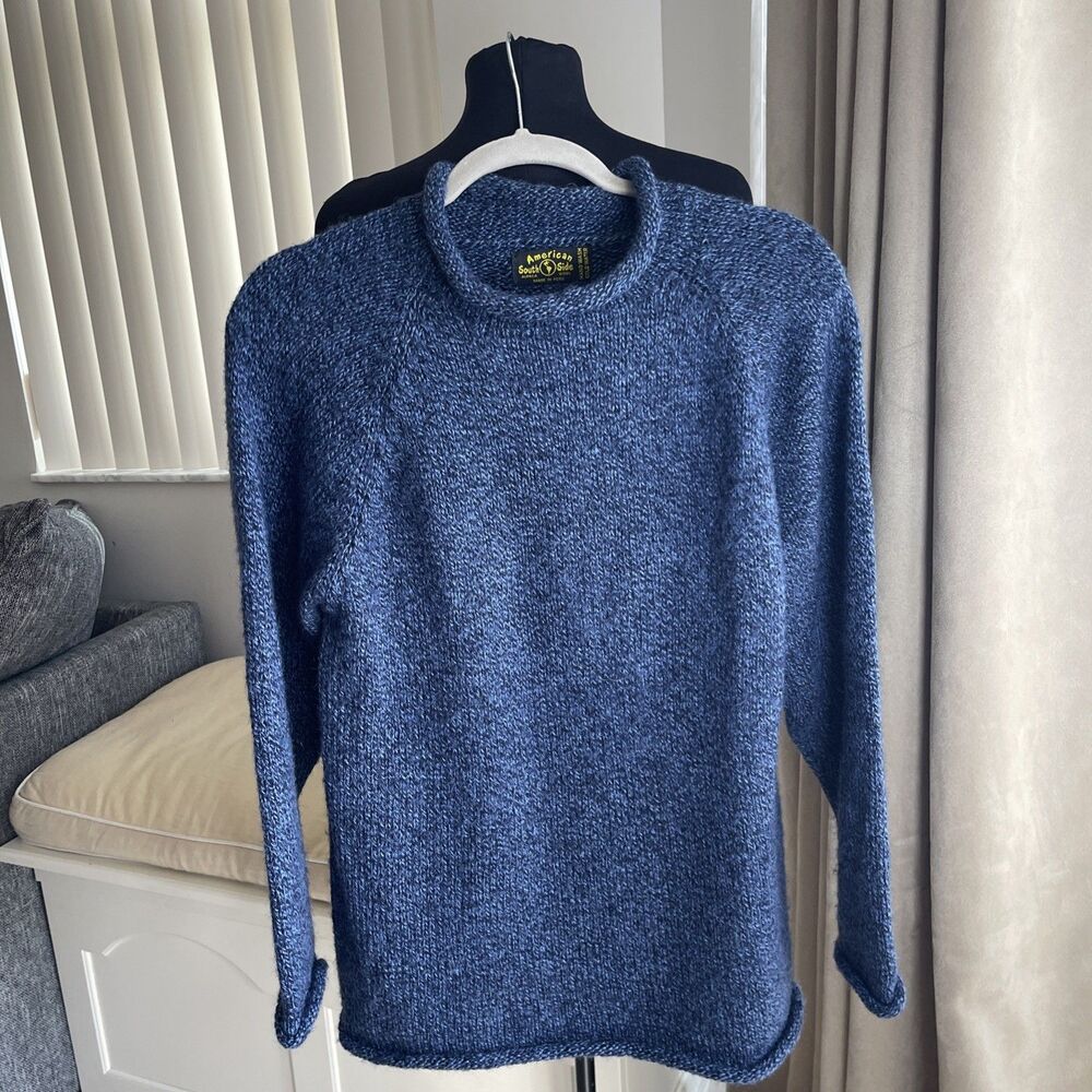 American South Side Sweater Mottled Blue Peru Alpaca Wool Roll Neck Thick S